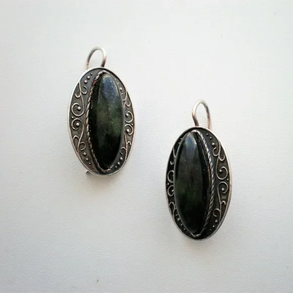 LARGE Antique Vintage Russian USSR Silver 875 Nephrite Jade Dangle Drop Earrings